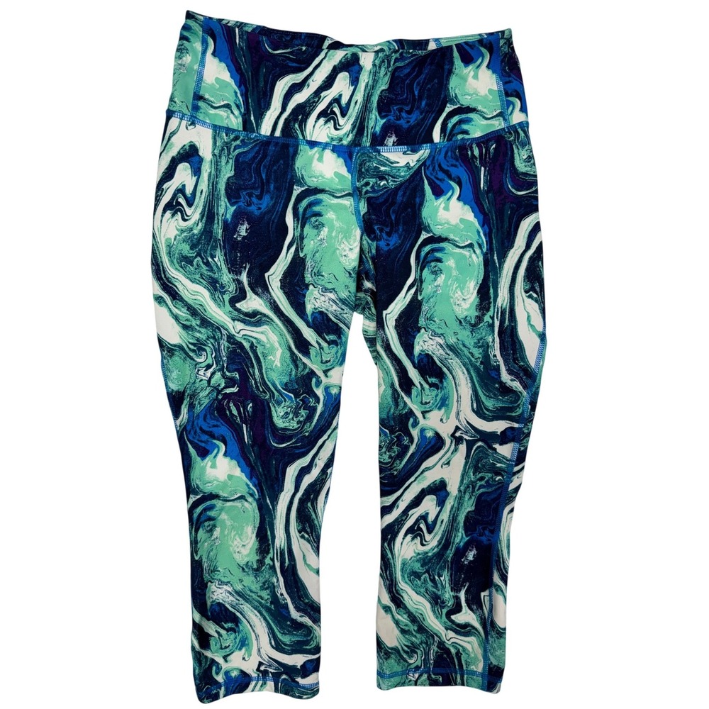 Patagonia Centered Crop Leggings Blue Green Marble Swirl Print Womens M‎